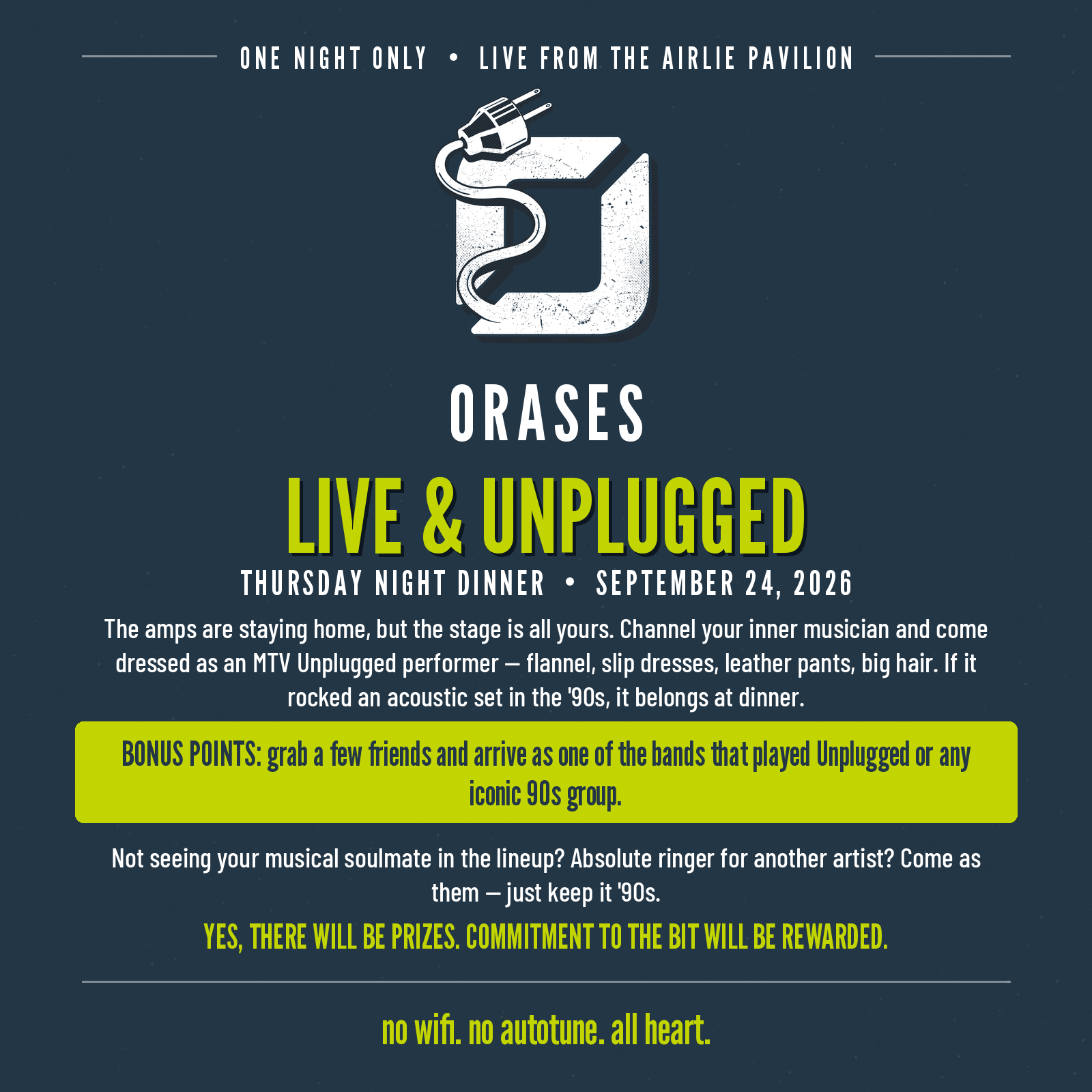 Orases Live & Unplugged flyer — Thursday night dinner theme, September 24, 2026. Dress as an MTV Unplugged performer or iconic '90s musician; prizes for commitment to the bit.